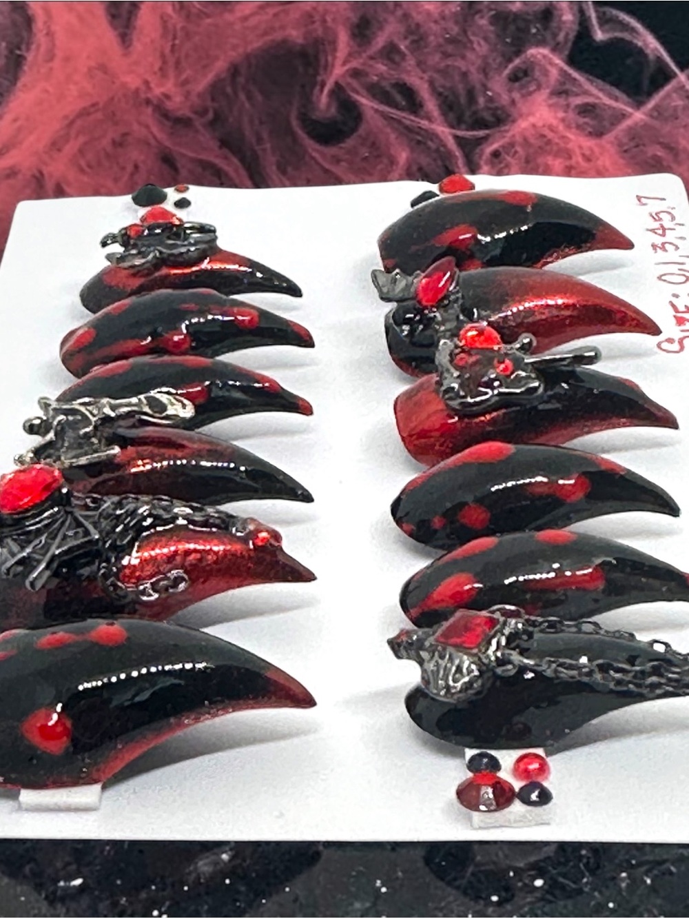 Handmade Custom Press on Nails UVGel Long Curve Claws Black Red Metallic Gothic